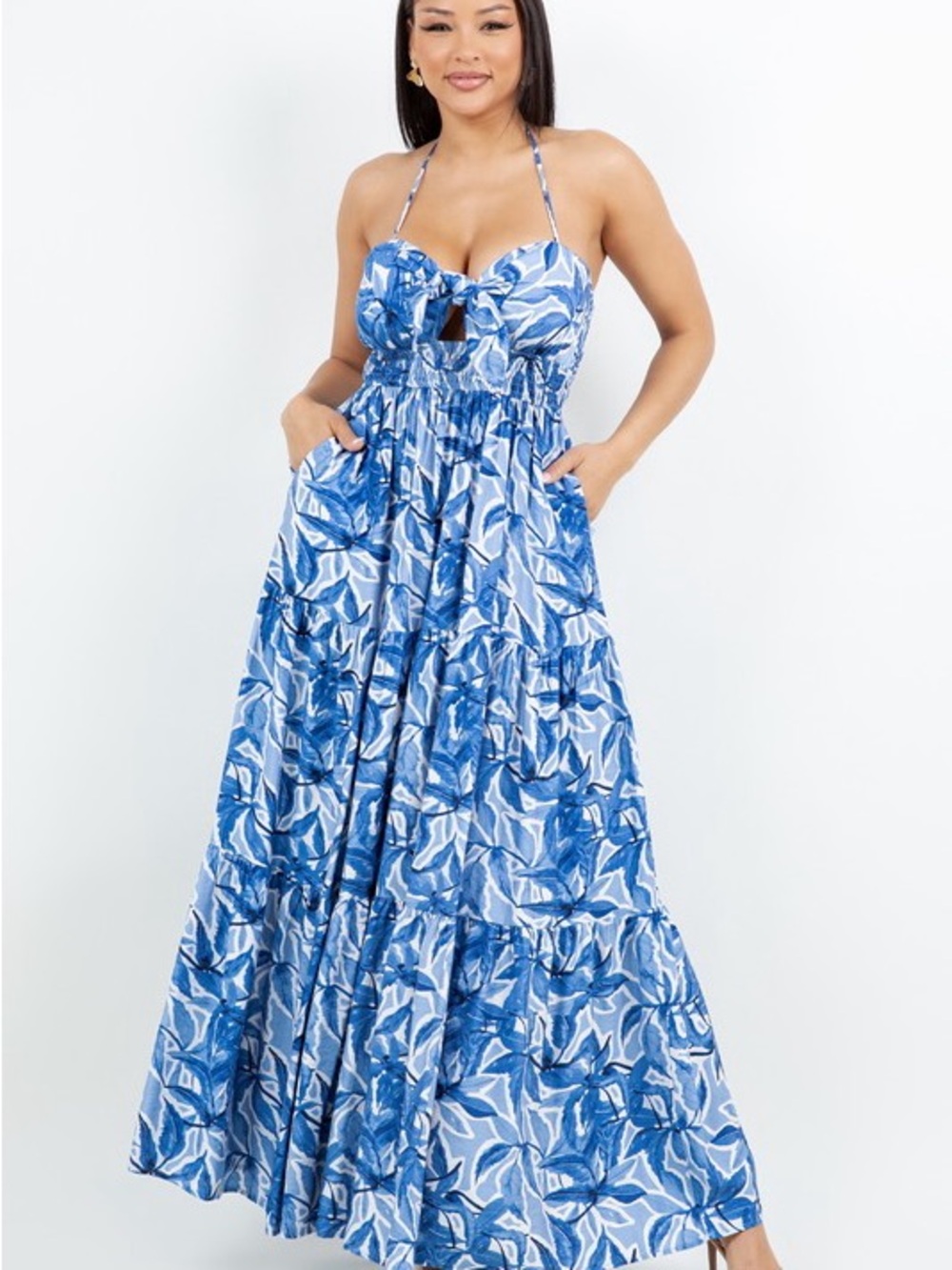 Blue Floral Halter Maxi Dress - Elegant Summer Style